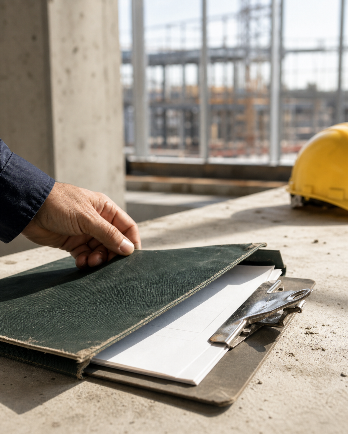 A project folder and clipboard being reviewed at an active construction site